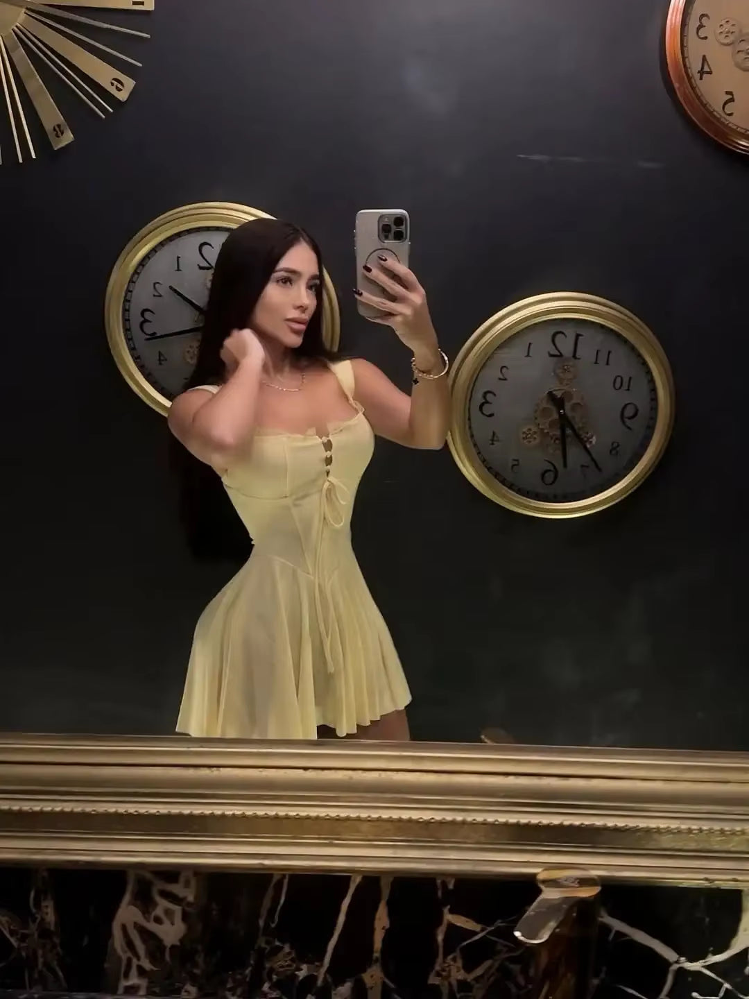 Casual Yellow Lace Patchwork Dress Women Solid Sleeveless High Waist Pleated A-Line Mini Robes 2026 New Lady Evening Party Gowns