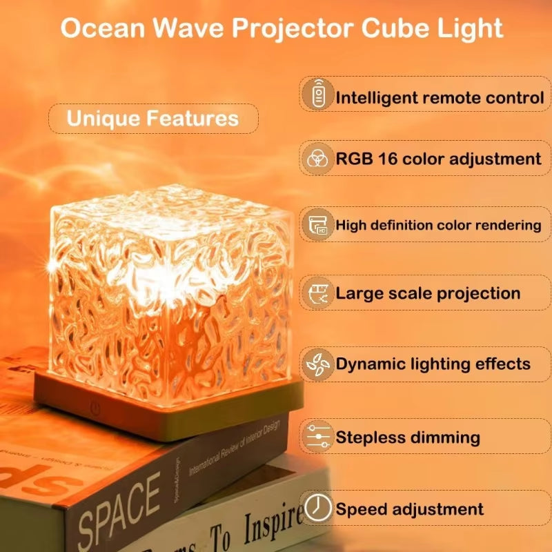 Dynamic Rotating Water Ripple Projector Night Light 3/16 Colors Flame Crystal Lamp for Living Room Study Bedroom Rotating Light
