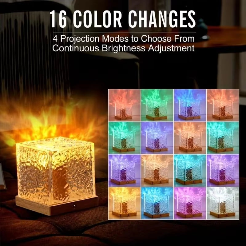 Dynamic Rotating Water Ripple Projector Night Light 3/16 Colors Flame Crystal Lamp for Living Room Study Bedroom Rotating Light